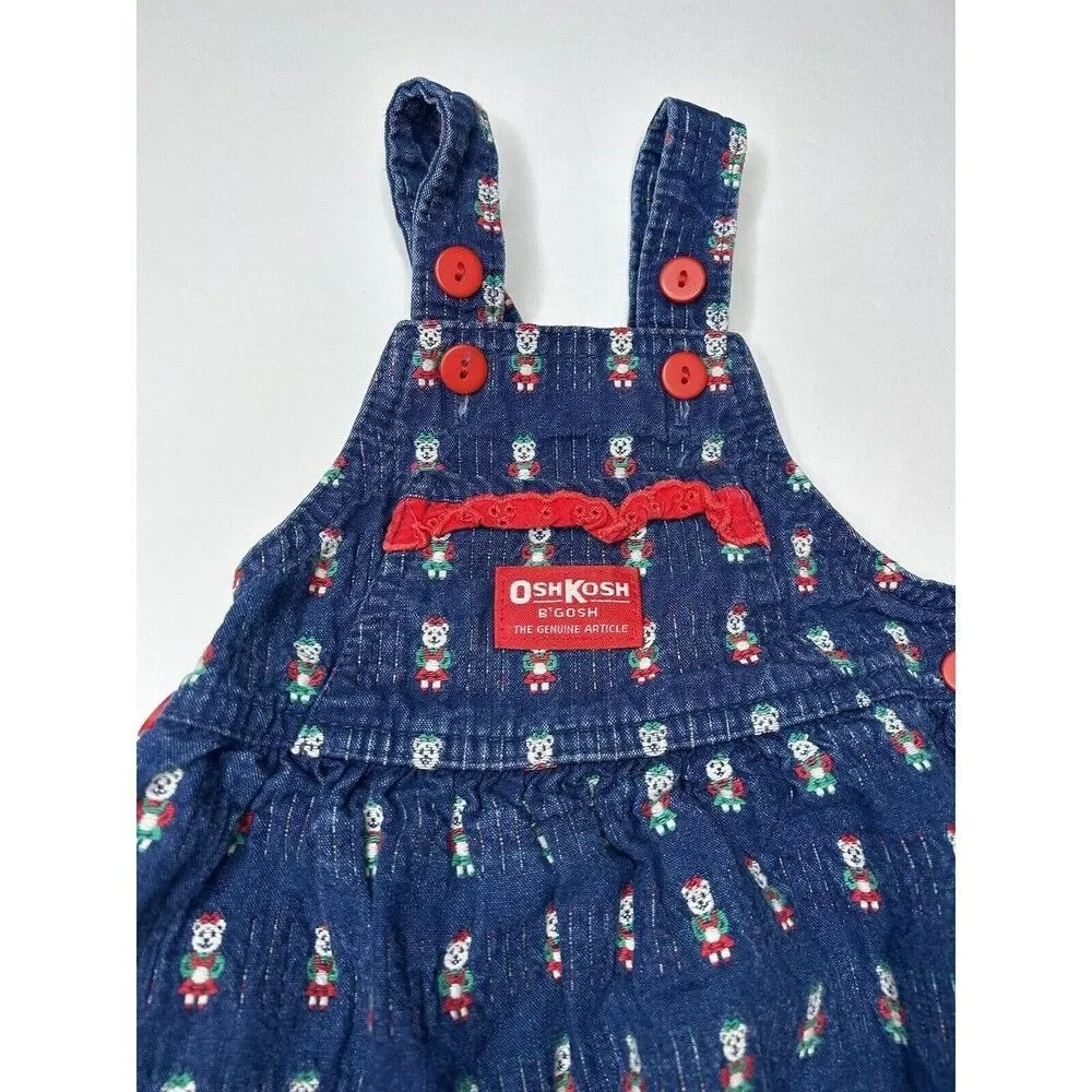 Vintage OshKosh B’Gosh Overall Dress Denim Bear Vestback Made In USA 100% cotton